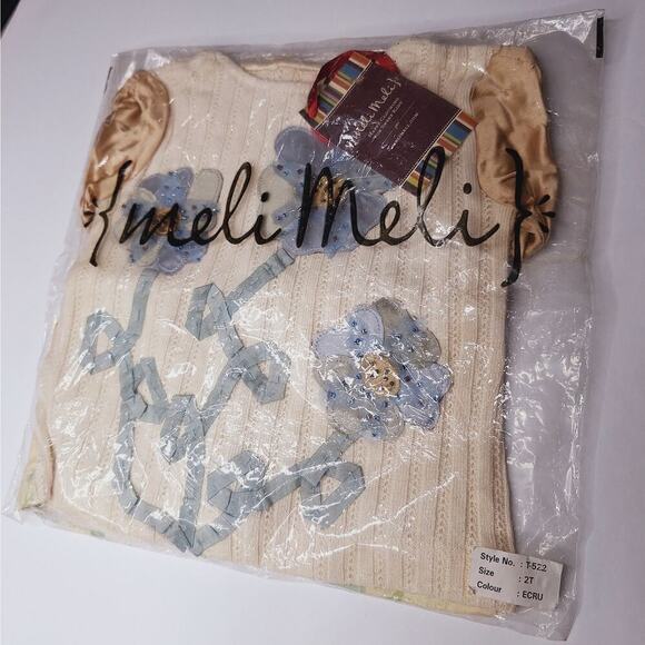 Meli Meli Boutique Mixed Media Top 2T Floral Applique Beaded Cotton Silk Cottage - Picture 8 of 8